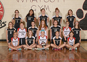 Smiling girls volleyball team poses in the gym