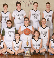 Basketball team poses with trophy and basketball