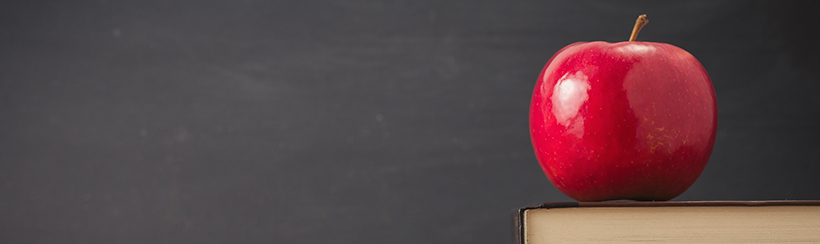 Apple sitting on a book in front of a chalkboard