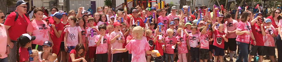 students where pink school shirts holding achievement ribbons