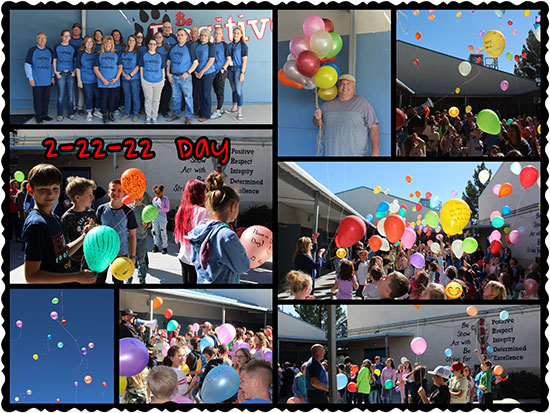 Photo collage of students and teachers celebrating 02/22/22 day with lots of balloons