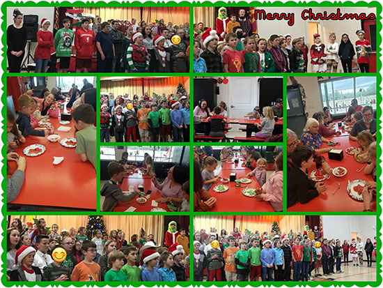Photo collage of the Pomerene Christmas assembly and cookie decorating event